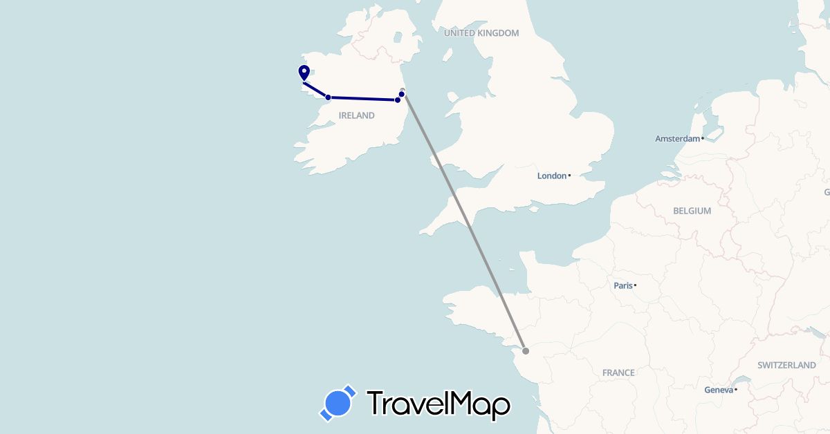 TravelMap itinerary: driving, plane, hiking in France, Ireland (Europe)